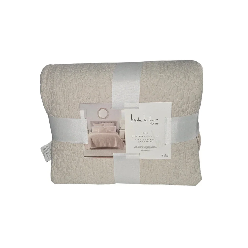 Nicole Miller Home Damask Floral Beige Cotton King Quilt Set With 2 King Shams